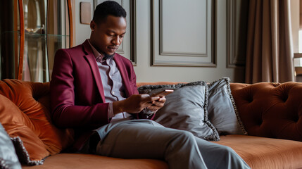 Homem vestindo terno vinho e calça cinza sentado no sofá usando o celular - obrazy, fototapety, plakaty