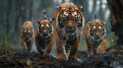wild tiger group roaming in closeup view, displaying wildlife nature and majestic predator behavior in habitat conservation efforts for endangered species