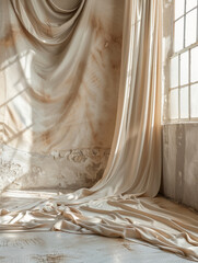 Fototapeta na wymiar Old beige Wall with beige fabric - Photography Backdrop, Background