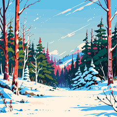 Snowy forest background with trees covered in snow