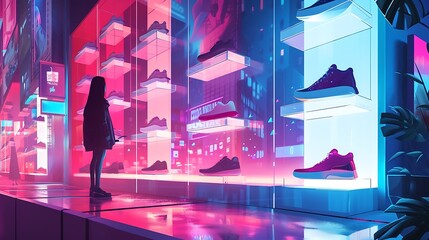 a generative AI illustration of a women's shoe store set in a cosmopolitan cityscape, with a hyper-realistic background that reflects the urban sophistication of the store's location attractive look