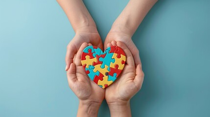 celebrating diversity in autism awareness, adult and child hands come together in symbolic puzzle heart on gentle light blue background, promoting inclusion and acceptance