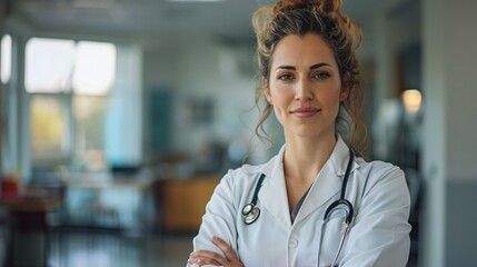 young female doctor exudes confidence in white coat, standing with crossed arms