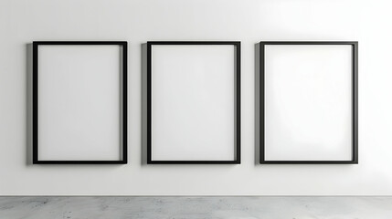 three white rectangular mockup posters in a black frame hang on a white wall
