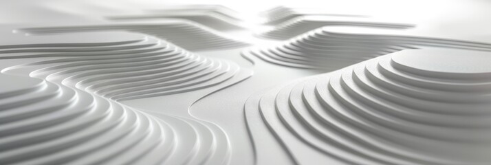 A stretched, clean white business background, where a series of thin, wavy lines meet sparse circles, illustrating movement and dynamism in a professional context