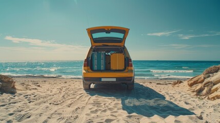 Car trunk packed with luggage on a sandy beach