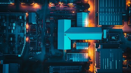 Generate an AI image capturing the mesmerizing night aerial view of an online store goods warehouse. Illuminate the logistic center nestled in the industrial expanse of the city attractive look