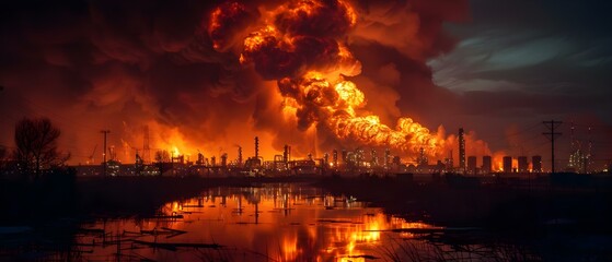 Fire at oil depot at night: billowing dark smoke and dramatic flames. Concept Fire Incident, Oil Depot, Dark Smoke, Dramatic Flames, Nighttime