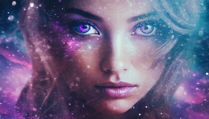 portrait of a woman with purple eyes in galaxy