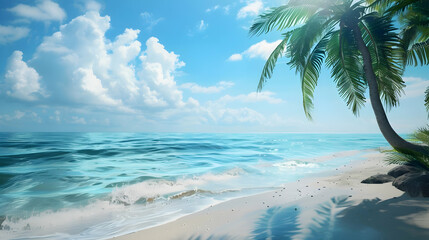 background for tourism services banner, seascape at dawn with palm trees with place for text
