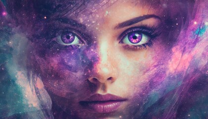 portrait of a woman with purple eyes in galaxy