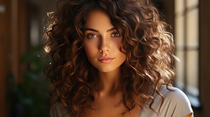 Portrait of a beautiful young woman with curly hair looking at camera