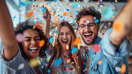 delighted diverse workforce celebrates achievement and success in joyful office party with confetti
