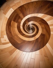 An image depicting a mesmerizing spiral pattern created with wooden floorboards, adding a dynamic twist to interior flooring concepts