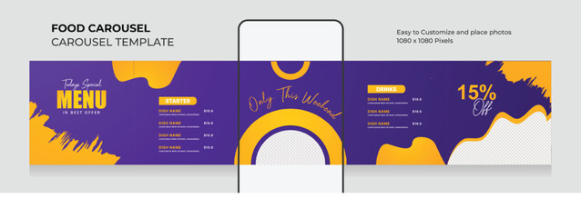 Modern Food menu social media carousel template. Instagram carousel template for food menu. Creative and minimalist food menu design. EPS vector illustration.