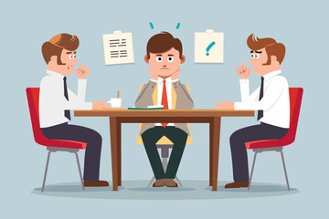 Nervous businessman faces a panel of interviewers, navigating the challenging job interview and hiring process, a concept of candidate evaluation and selection in recruitment - obrazy, fototapety, plakaty