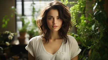 Portrait of beautiful young woman with curly hairstyle in flower shop