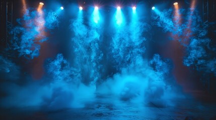 electrifying stage event highlighted by intense blue lights and drifting smoke against black background