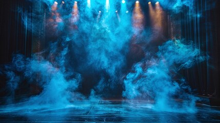 immersive stage concert with dramatic blue lighting and billowing smoke enveloping black background