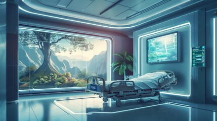 Futuristic hospital room with a scenic view, blending technology with comfort, ideal for sci-fi media.