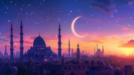 Digital art illustrating iconic Middle Eastern skyline with mosques and minarets under a crescent moon, showcasing the gradient transition from twilight to sunrise
