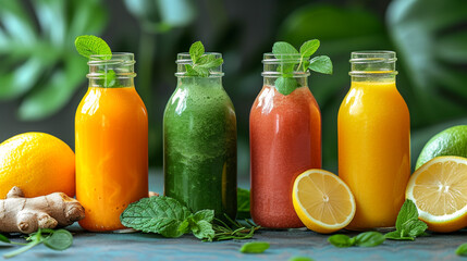 Freshly squeezed orange juice in glass bottles with caps, sitting on top of a wooden table with fresh fruit elements next to it, front view. a beautiful background.