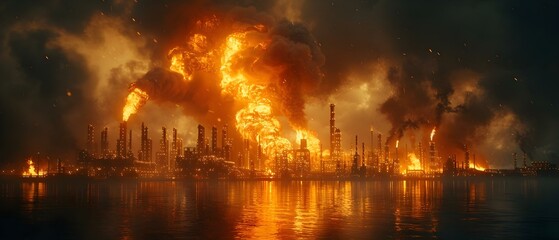Crisis at Large Oil Refinery: Fire Threatens Plant's Safety. Concept Oil Spill Containment, Emergency Response Plan, Environmental Impact Assessment