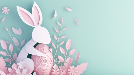 A paper rabbit is holding a colorful Easter egg and a beautiful flower to celebrate the happy event of Easter. The creative arts of plant and organism adaptation can be seen in this artwork AIG42E