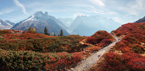 Amazing view on Monte Bianco mountains range with Monblan on background - obrazy, fototapety, plakaty
