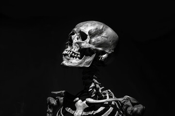 A skeleton is shown in a black and white photo