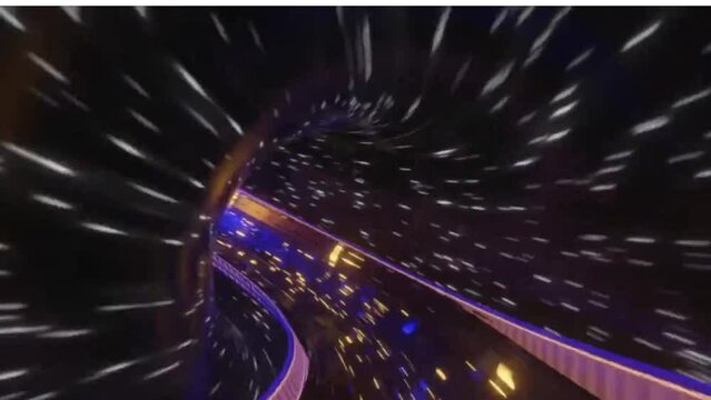 Abstract motion video of moving forward through a 3D shiny colorful pathway. Graphics.