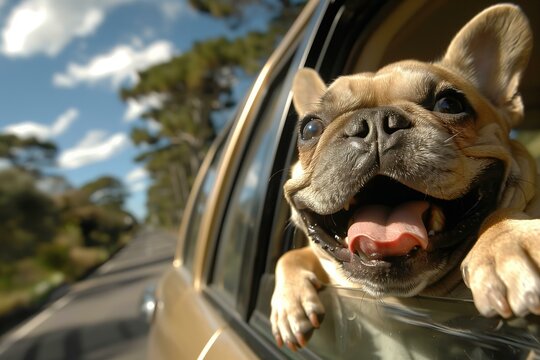 excited french bool dog out of a car window, close up, sunny, scenic