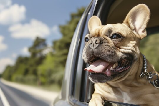 excited french bool dog out of a car window, close up, sunny, scenic