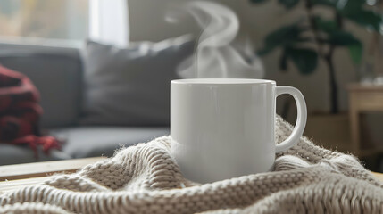 mockup white mug closeup with daylight on a light background with copy space - obrazy, fototapety, plakaty