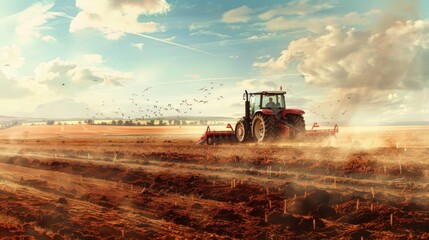 Fototapeta premium Farmer in a tractor equipped with a plow, actively turning the soil in a large field