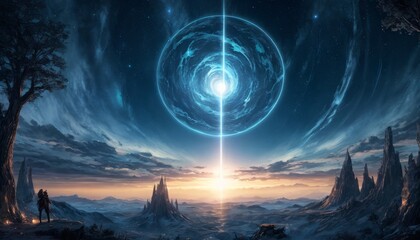 An alien portal radiates a mystical blue light above a barren, twilight landscape, evoking a gateway to another dimension.