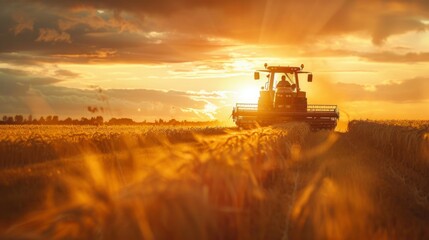 Fototapeta premium Sunset view where a farmer is seen operating a harvester in a field, with golden light casting long shadows