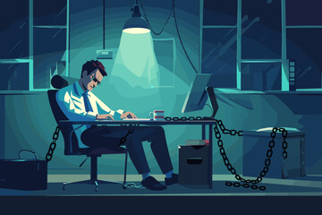 Overworked businessman neglecting personal life and health, chained to desk and working late due to workaholism