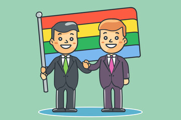 Progressive businessman and businessman proudly display a rainbow flag, symbolizing their workplace's commitment to diversity, inclusion, and creating a safe space for LGBTQ+ employees