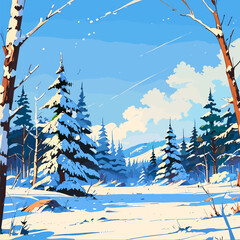 Winter landscape featuring a snowy forest background