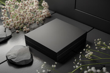 A sophisticated black paper mockup box rests on a reflective black lacquered surface, accented by delicate white flowers and smooth stones for a minimalist presentation