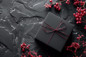 A chic black gift box tied with a crimson ribbon sits atop a textured slate backdrop, accompanied by delicate red berries, suggesting a stylish and contemporary presentation