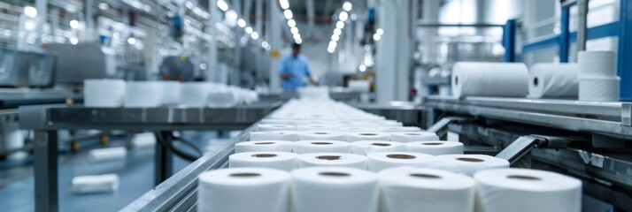 Toilet paper production, where toilet paper rolls are neatly arranged on a conveyor belt