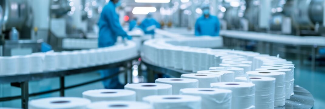 Toilet paper production, where toilet paper rolls are neatly arranged on a conveyor belt