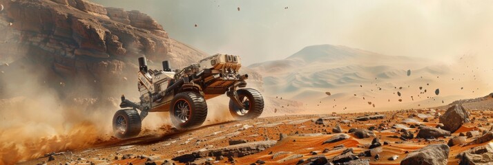 All terrain robot crossing rough terrain, its wheels kicking up dust