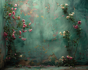Vintage Floral Studio Backdrops - dark teal wall and pink flowers