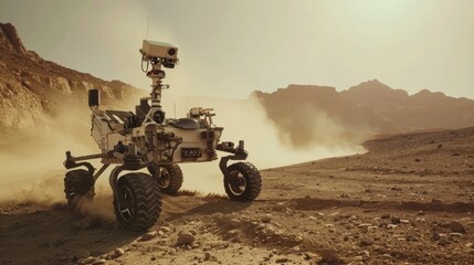 Robotic rover maneuvering across earths remote desert landscape
