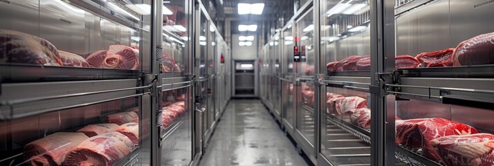 Industrial refrigeration unit, where multiple fresh frozen cow carcasses are stored in a hygienic and controlled environment - obrazy, fototapety, plakaty