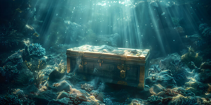 Radiant pirate's treasure shining bright underwater ,a sunken treasure chest covered in barnacles murky water,A treasure chest is under water and the bottom is under water.
