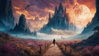 An adventurer approaches a majestic castle amidst a surreal landscape under a vast crimson moon, evoking a sense of epic fantasy. - obrazy, fototapety, plakaty